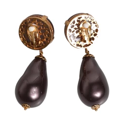 Gold Brass Black Pearl Clip On Dangling Jewelry Earrings