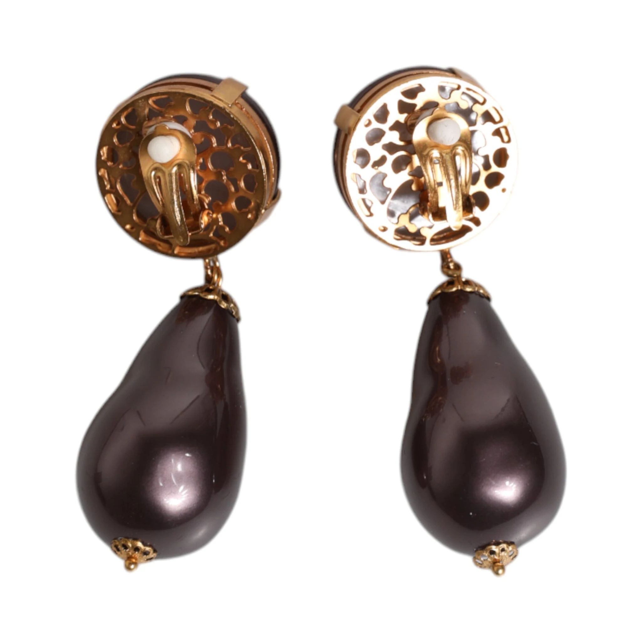 Gold Brass Black Pearl Clip On Dangling Jewelry Earrings
