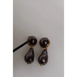 Gold Brass Black Pearl Clip On Dangling Jewelry Earrings