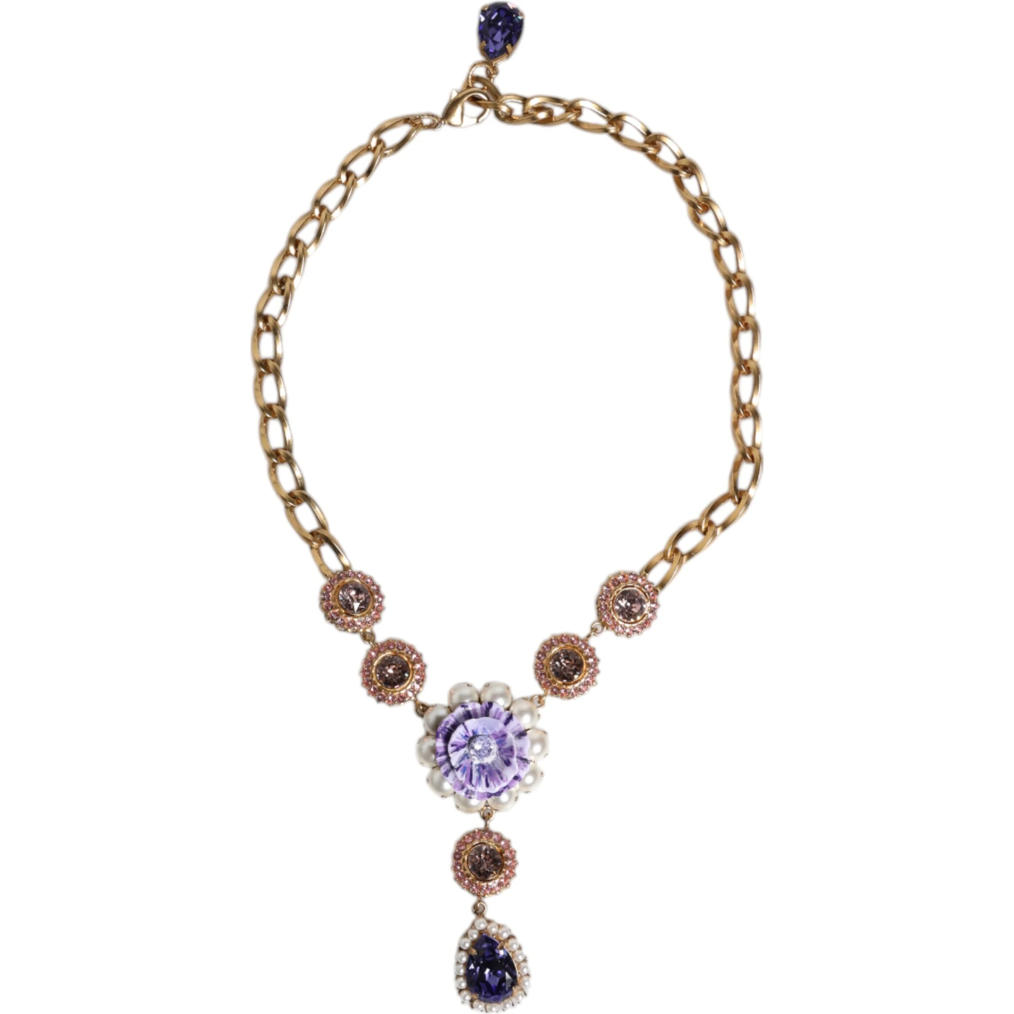 Gold Brass Floral Crystals Pearl Embellished Necklace