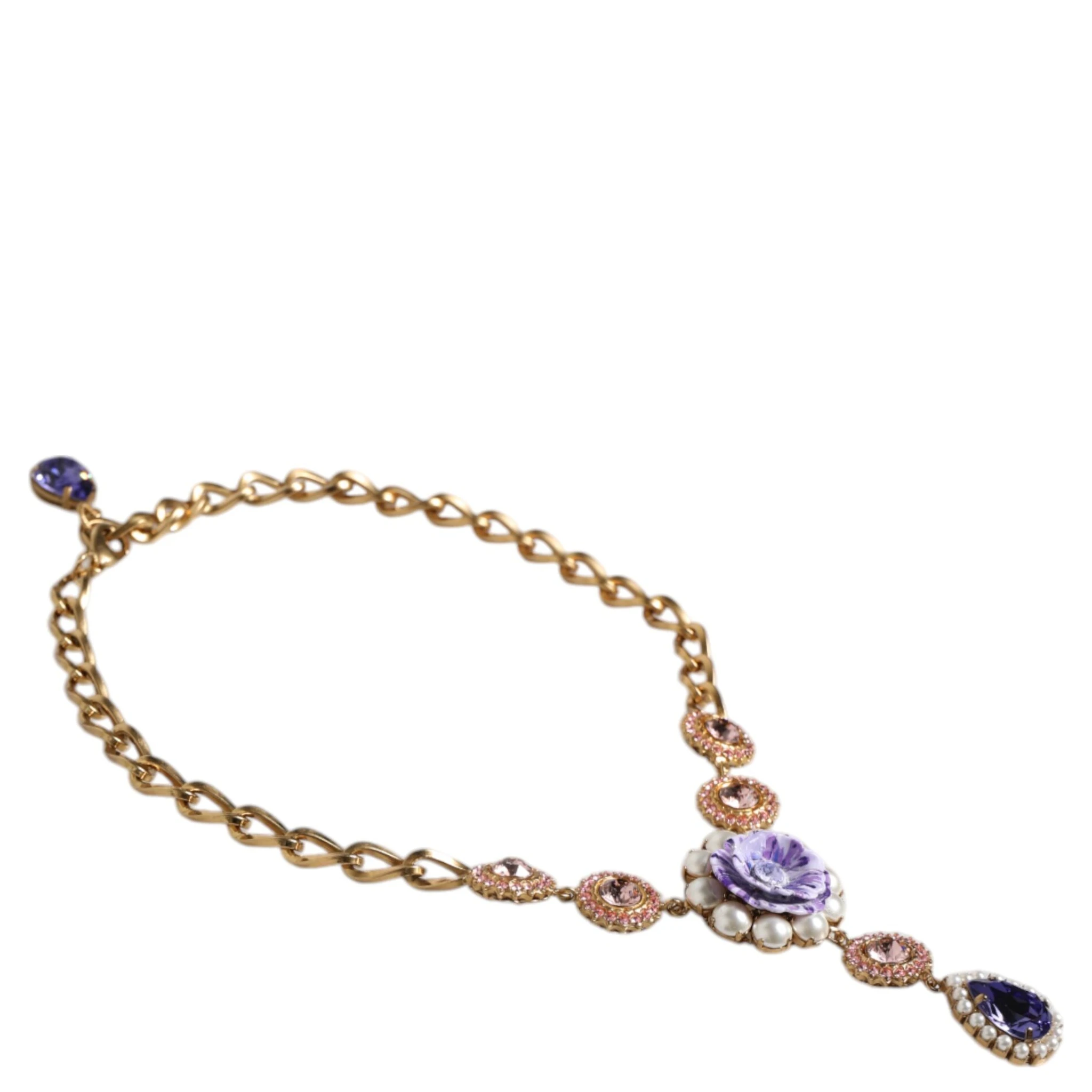 Gold Brass Floral Crystals Pearl Embellished Necklace