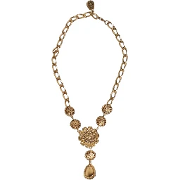 Gold Brass Floral Crystals Pearl Embellished Necklace