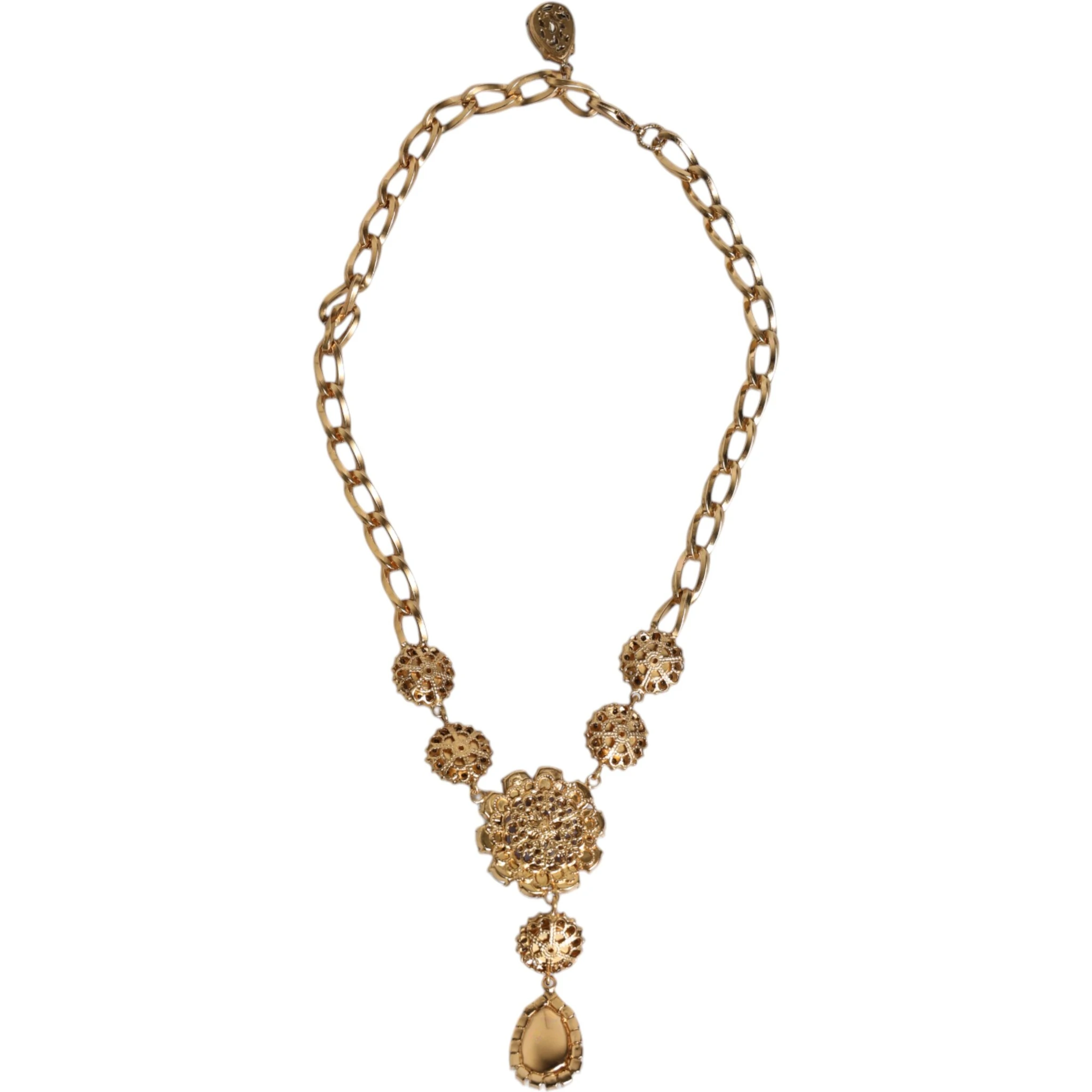 Gold Brass Floral Crystals Pearl Embellished Necklace