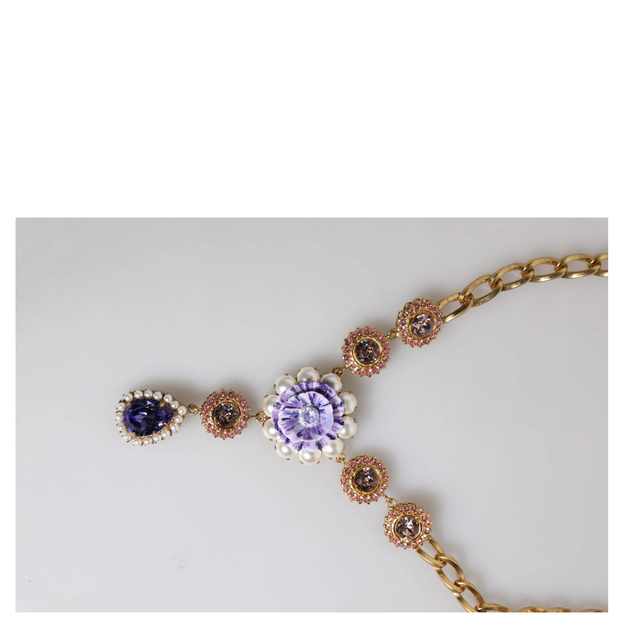 Gold Brass Floral Crystals Pearl Embellished Necklace