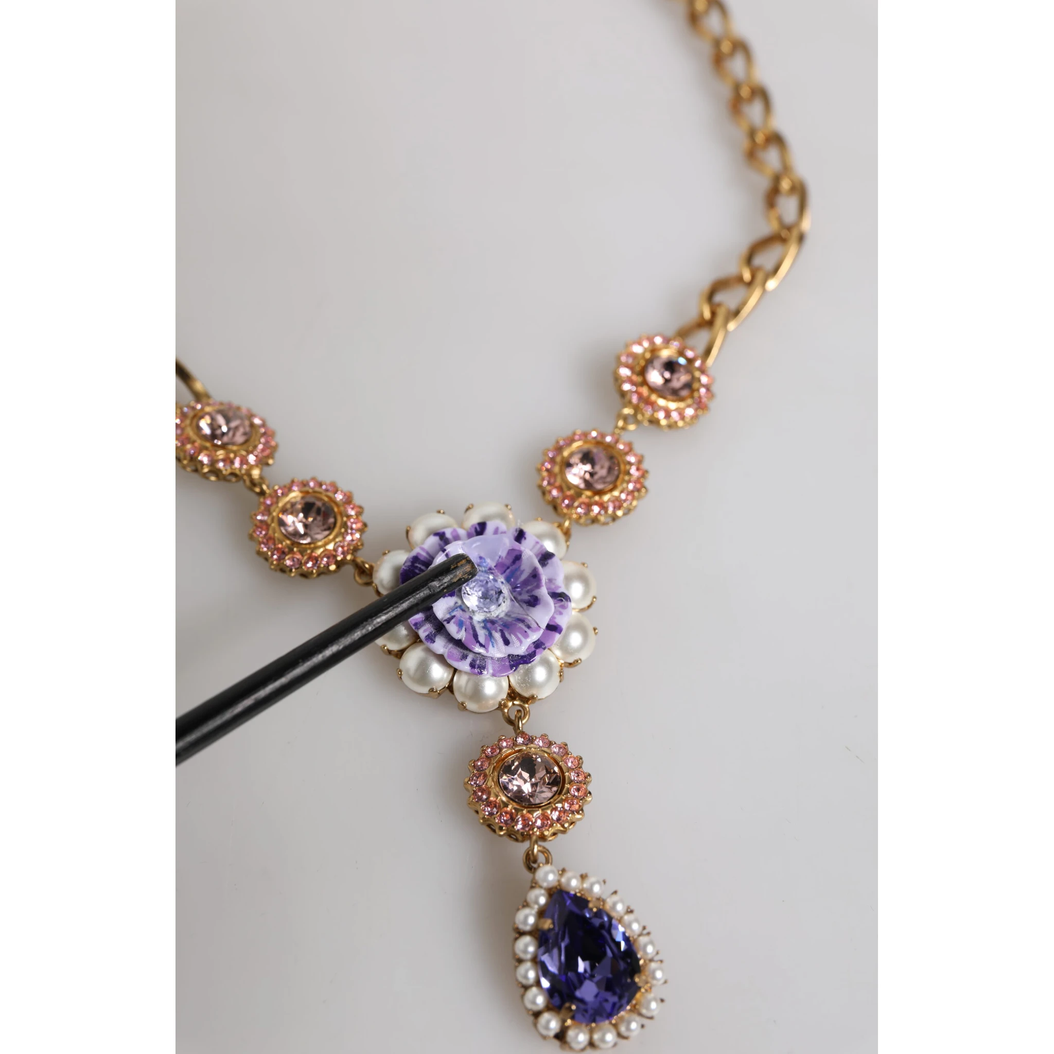 Gold Brass Floral Crystals Pearl Embellished Necklace