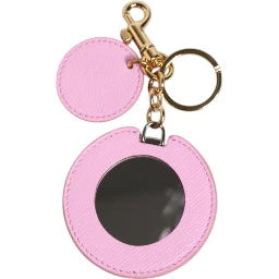 Pink Calf Leather Gold Metal Logo Print Keyring Keychain