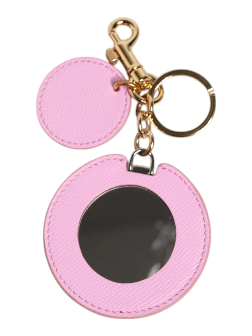 Pink Calf Leather Gold Metal Logo Print Keyring Keychain
