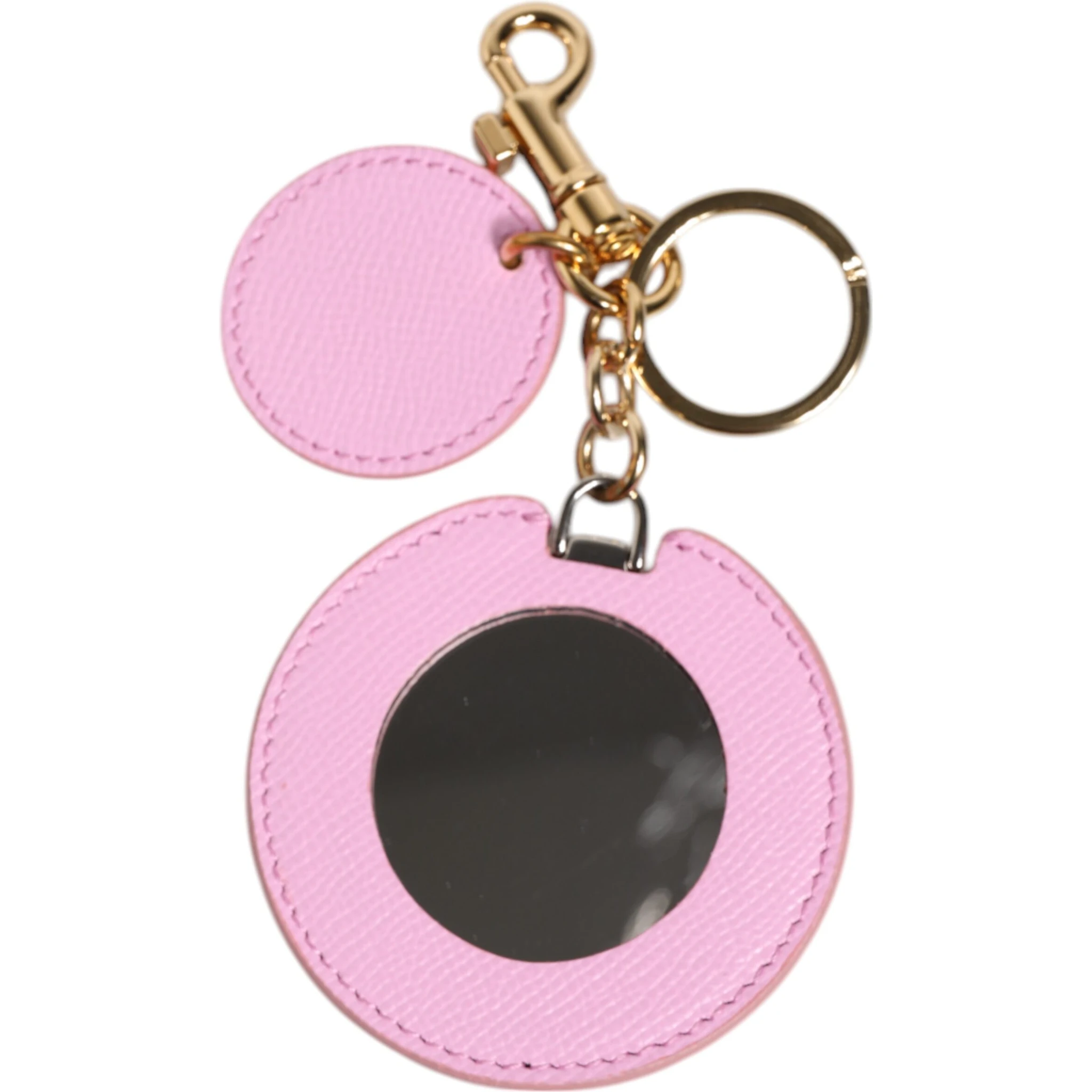 Pink Calf Leather Gold Metal Logo Print Keyring Keychain