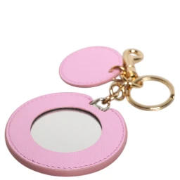 Pink Calf Leather Gold Metal Logo Print Keyring Keychain