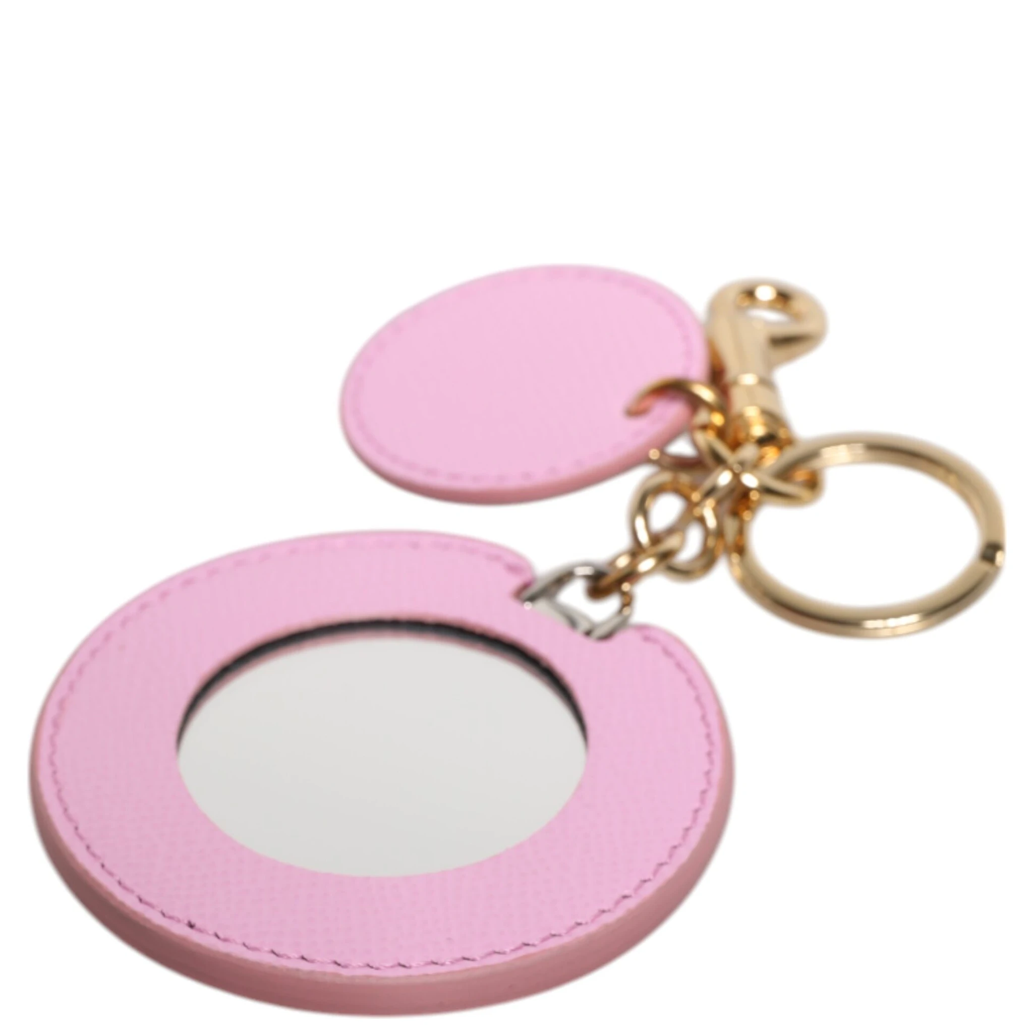 Pink Calf Leather Gold Metal Logo Print Keyring Keychain