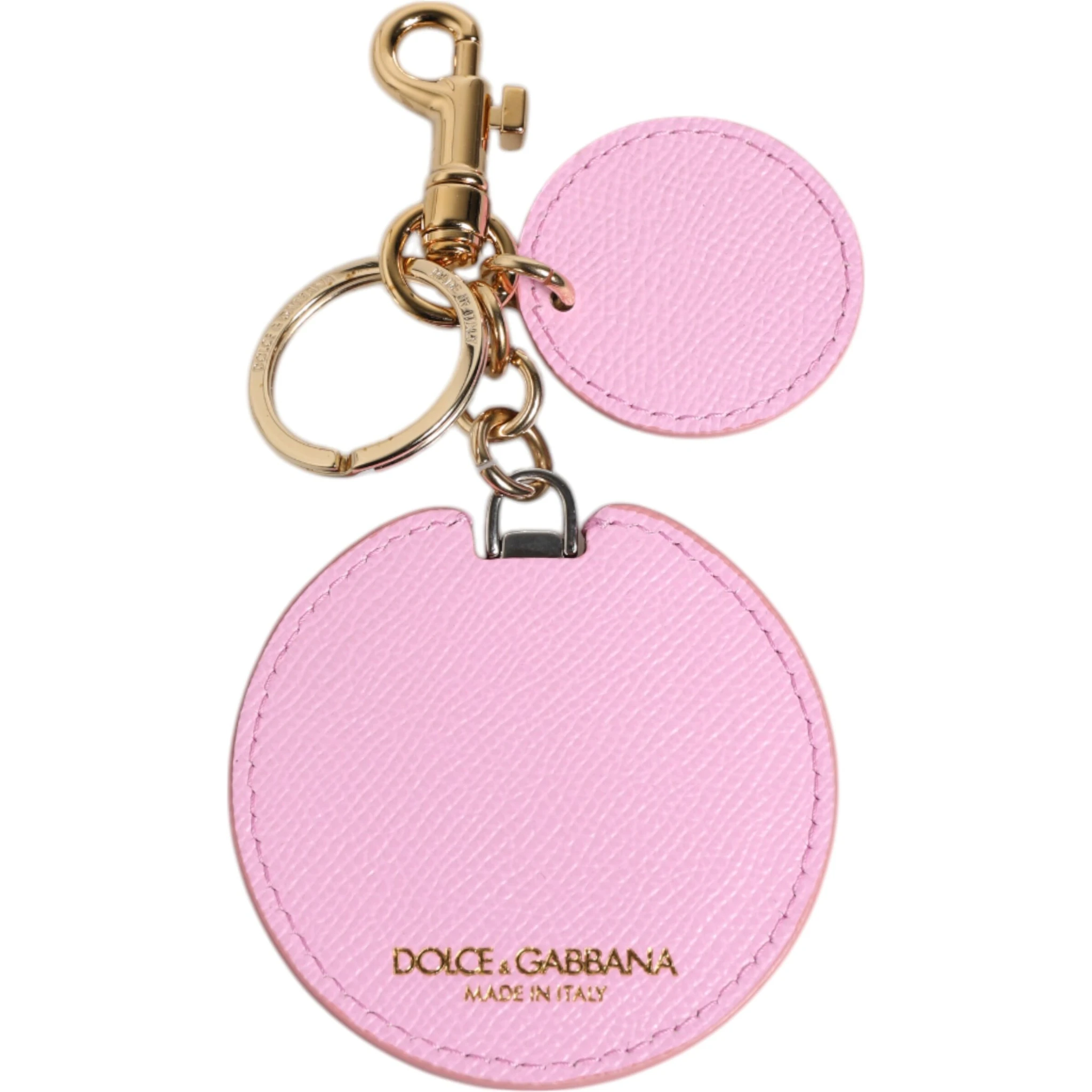 Pink Calf Leather Gold Metal Logo Print Keyring Keychain
