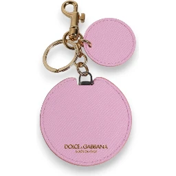 Pink Calf Leather Gold Metal Logo Print Keyring Keychain