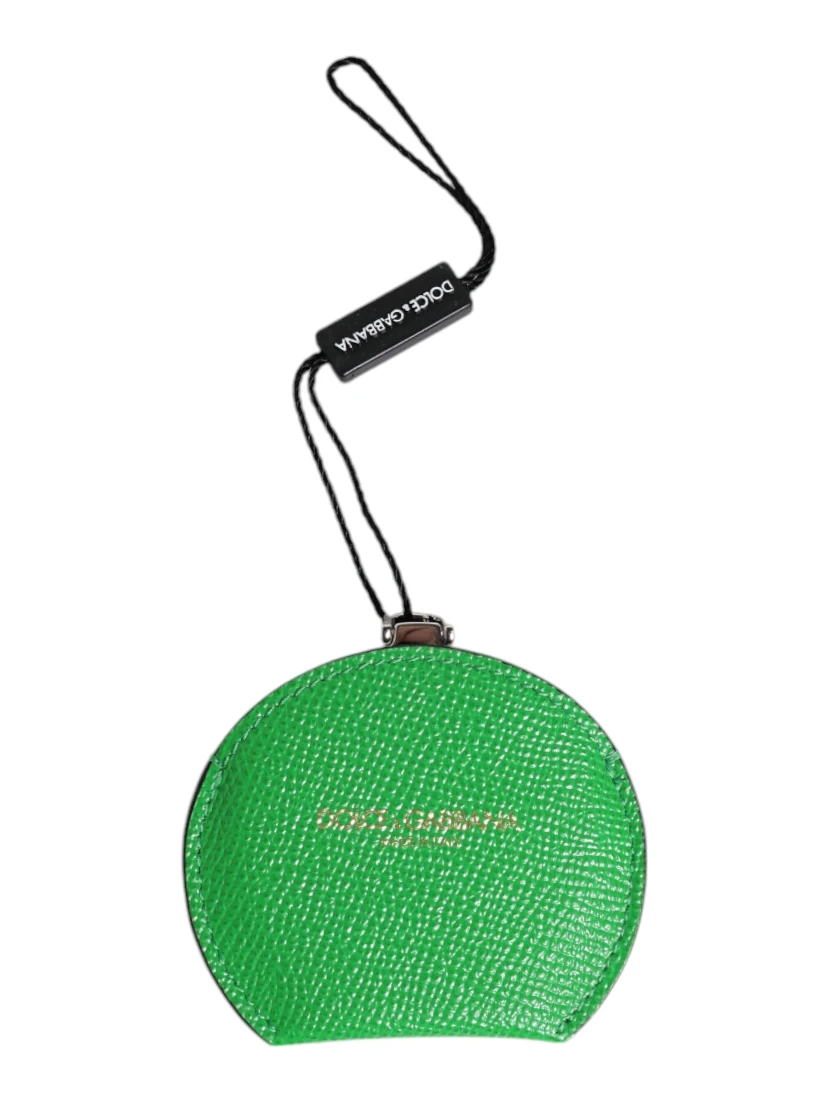 Green Calfskin Leather Round Logo Hand Mirror Holder