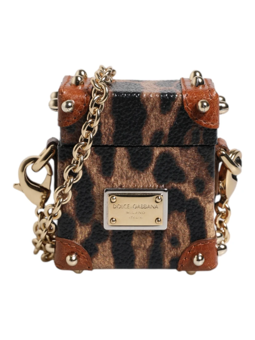 Brown Leopard Metal Logo Plaque Gold Chain Airpods Case