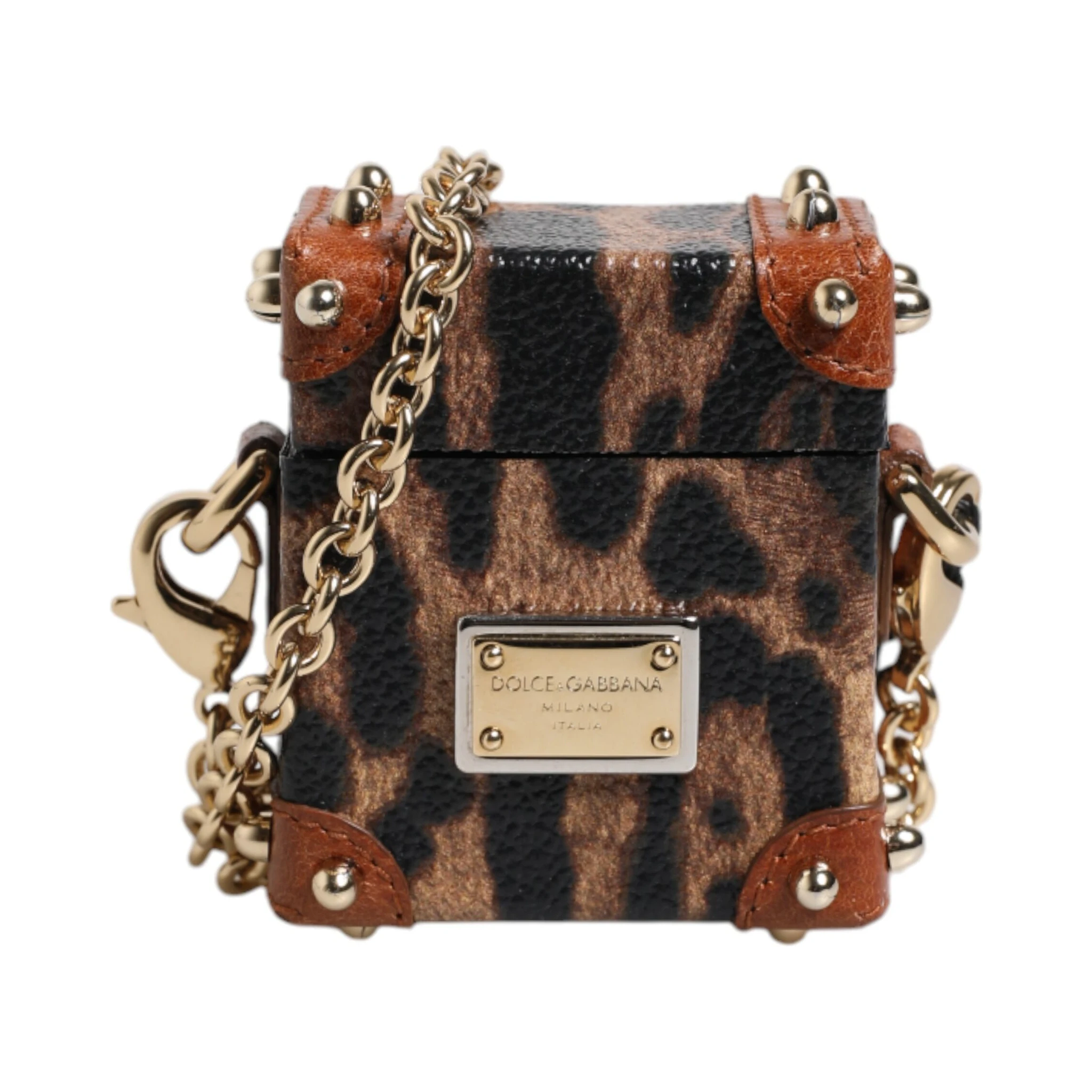 Brown Leopard Metal Logo Plaque Gold Chain Airpods Case
