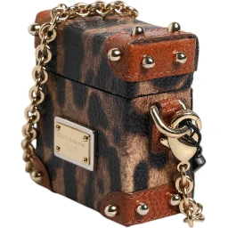 Brown Leopard Metal Logo Plaque Gold Chain Airpods Case