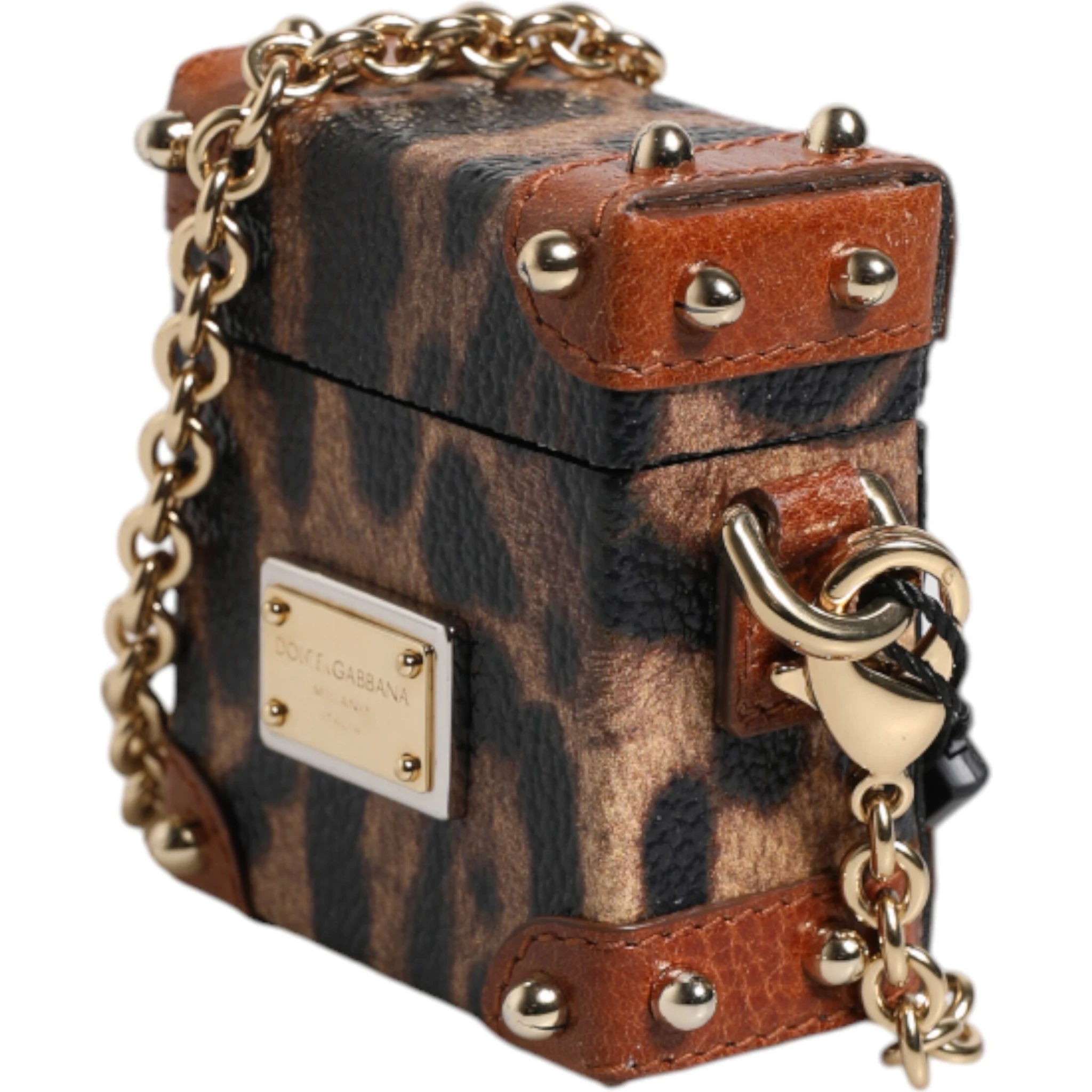 Brown Leopard Metal Logo Plaque Gold Chain Airpods Case