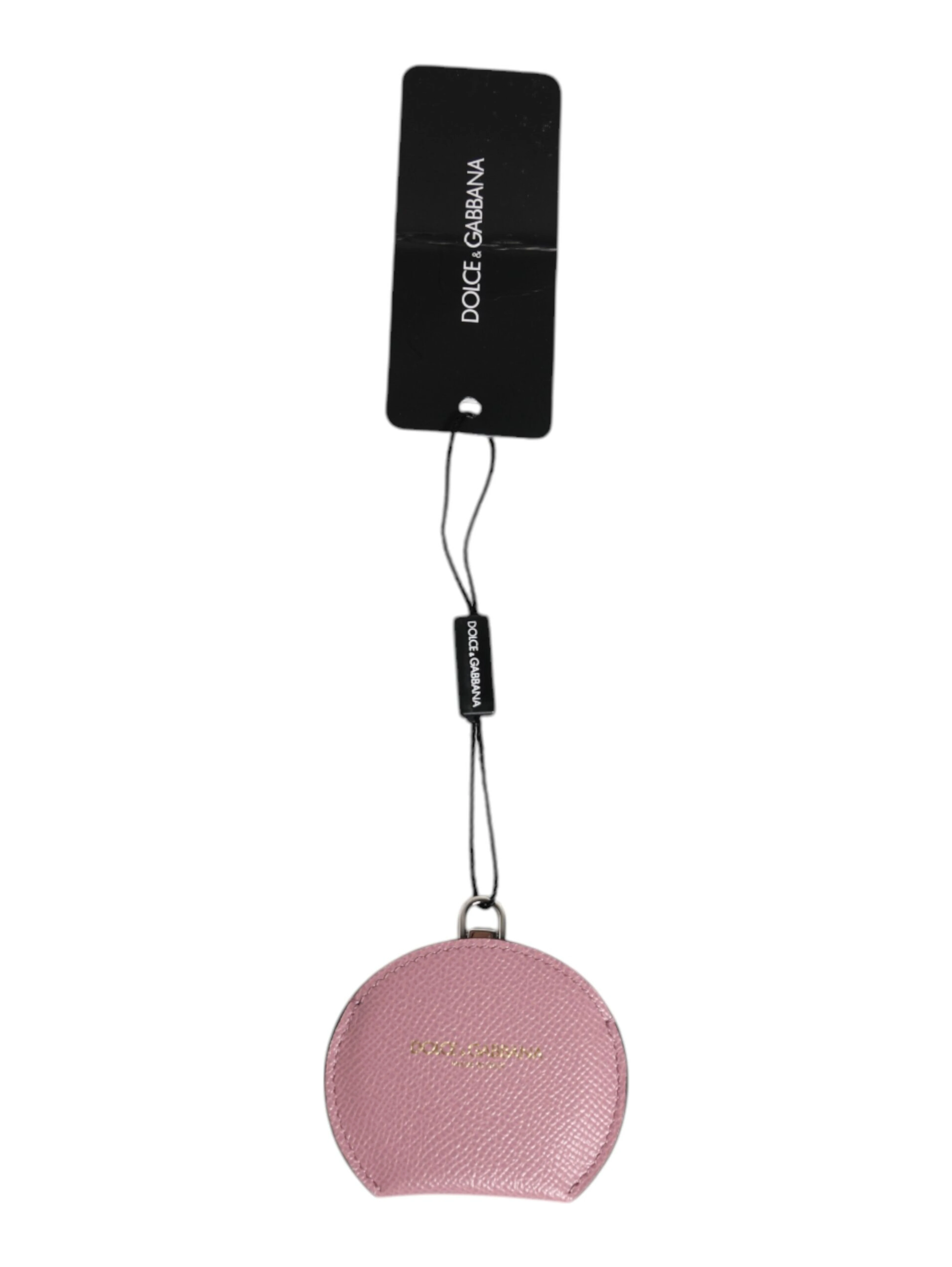 Pink Calfskin Leather Round Logo Hand Mirror Holder