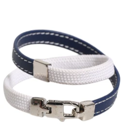 Blue White Leather Trimmed DG Engraved Silver Tone Clasp Bracelet