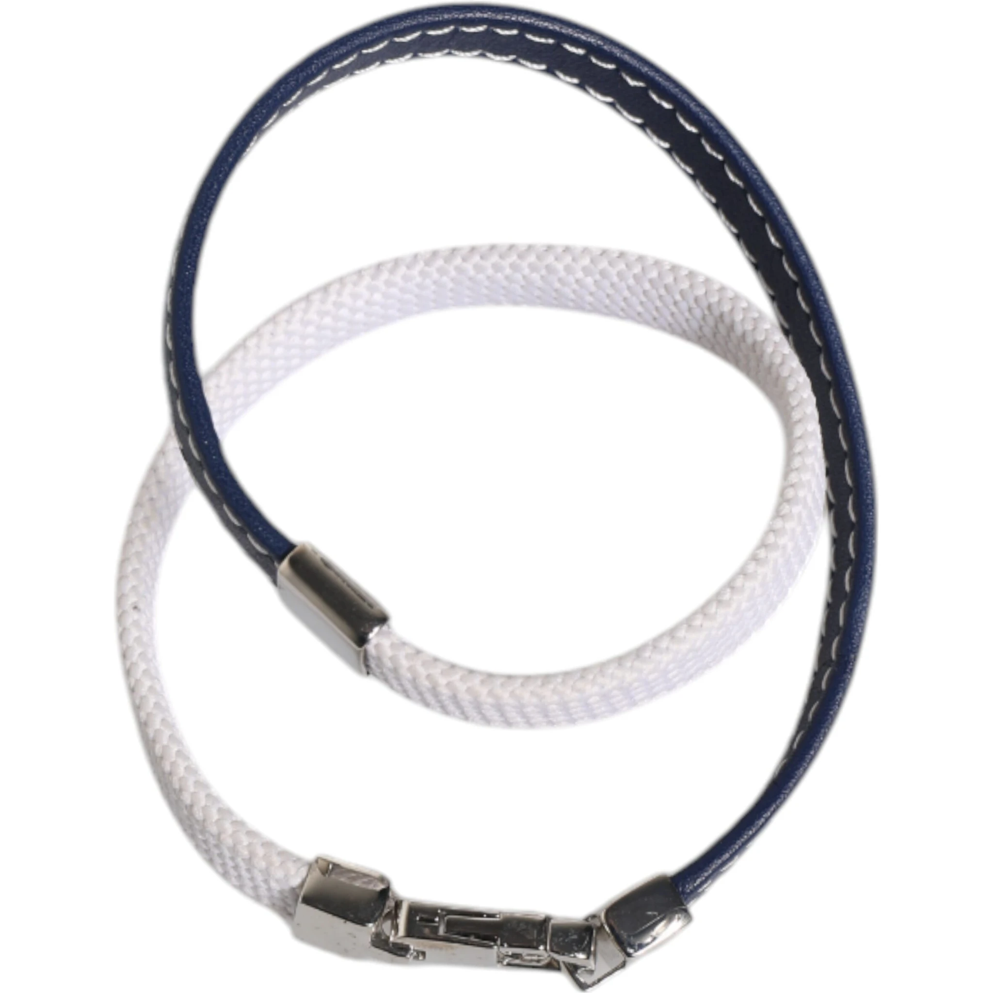 Blue White Leather Trimmed DG Engraved Silver Tone Clasp Bracelet