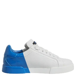 White Blue Leather Logo Low Top Sneakers Shoes