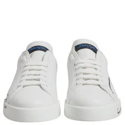 White Blue Leather Logo Low Top Sneakers Shoes