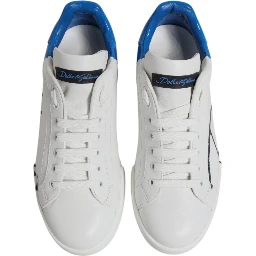 White Blue Leather Logo Low Top Sneakers Shoes