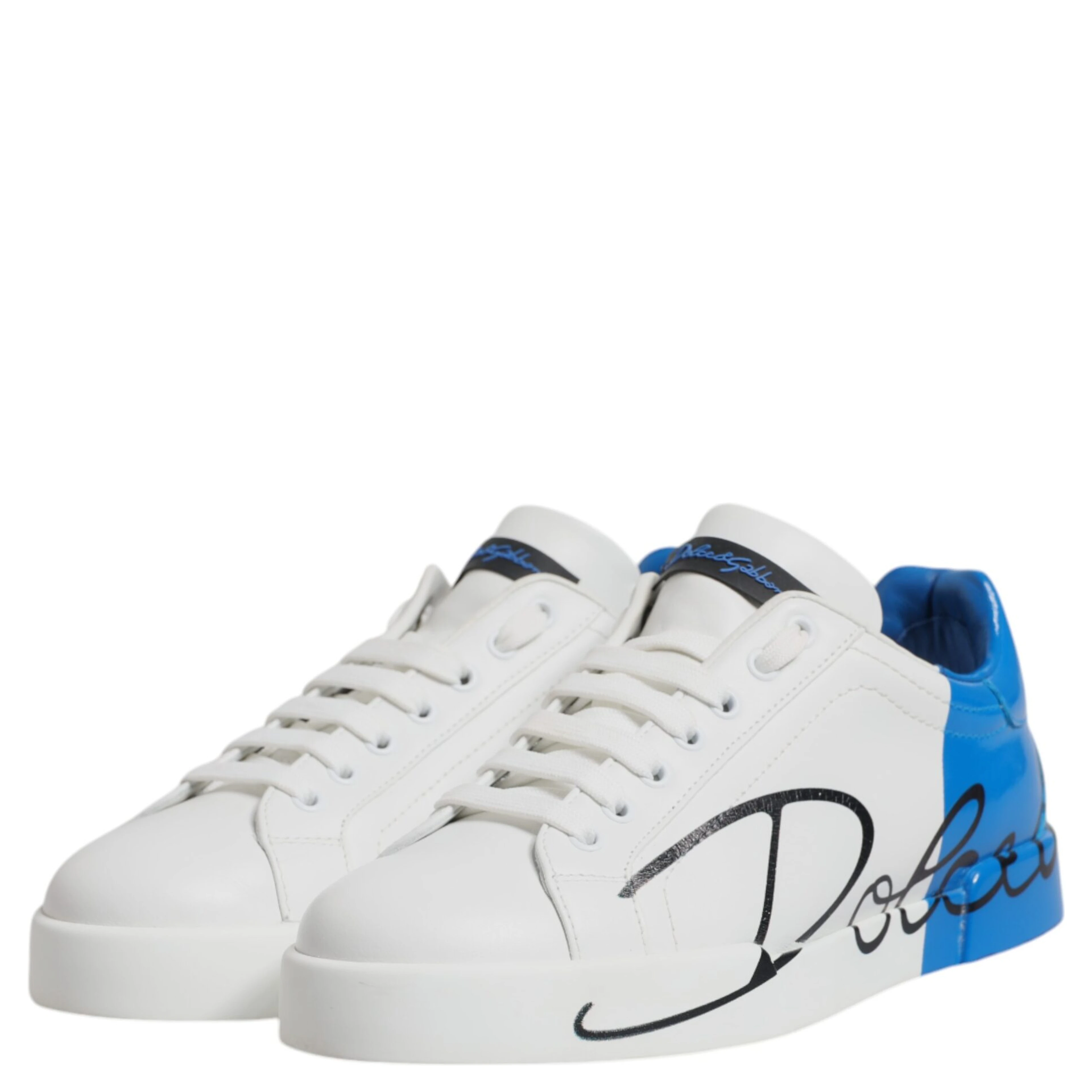 White Blue Leather Logo Low Top Sneakers Shoes