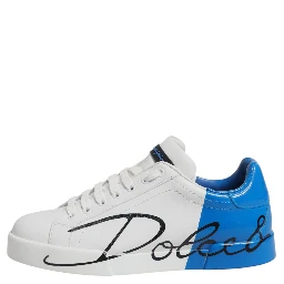 White Blue Leather Logo Low Top Sneakers Shoes