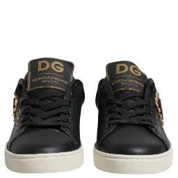 Black Leather Gold Red Heart Sneakers Shoes