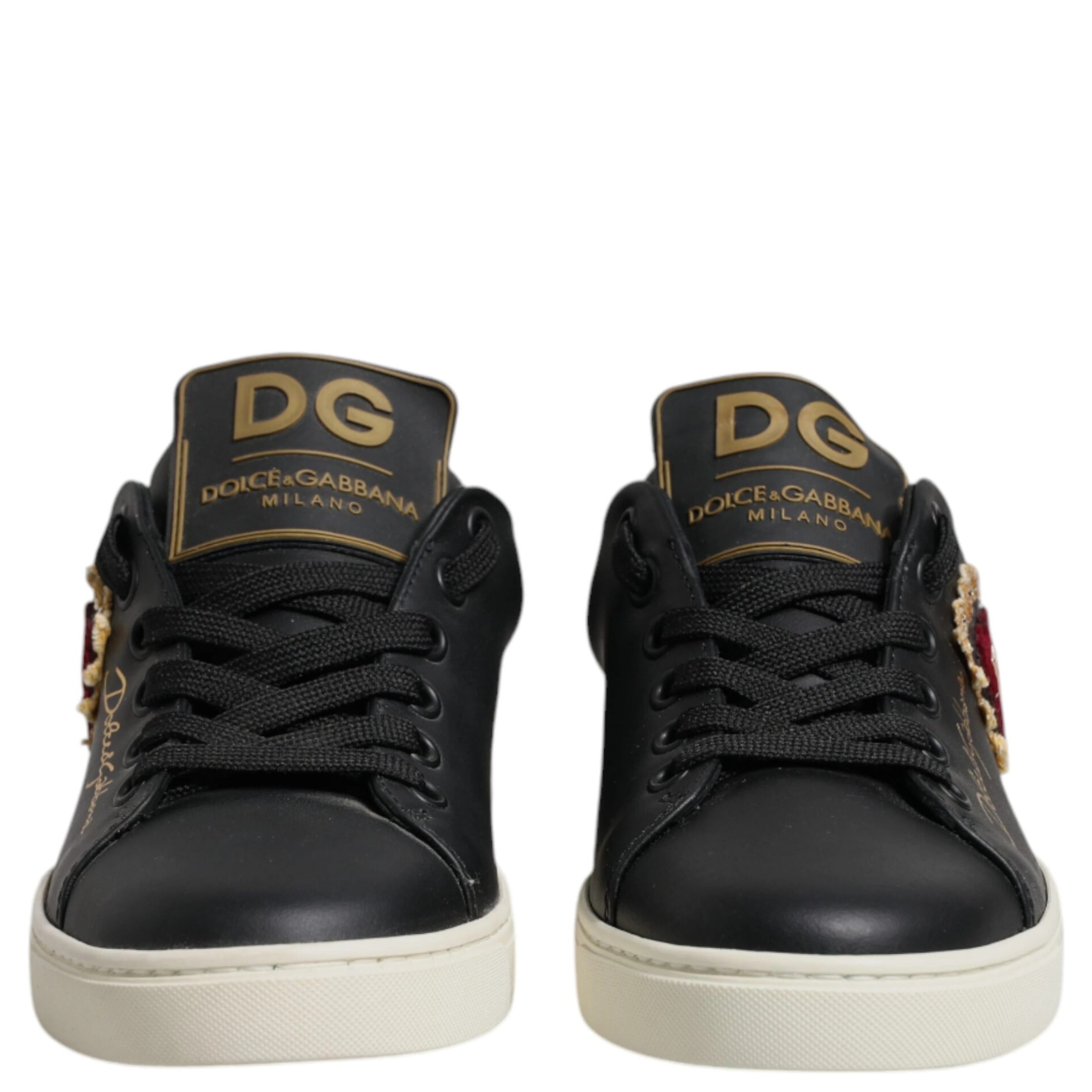Black Leather Gold Red Heart Sneakers Shoes