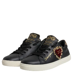 Black Leather Gold Red Heart Sneakers Shoes