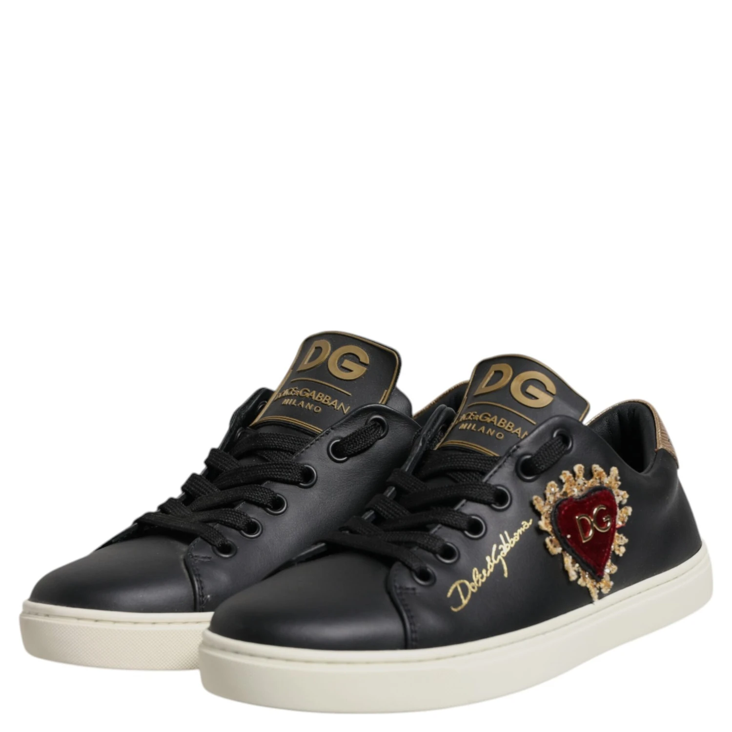 Black Leather Gold Red Heart Sneakers Shoes
