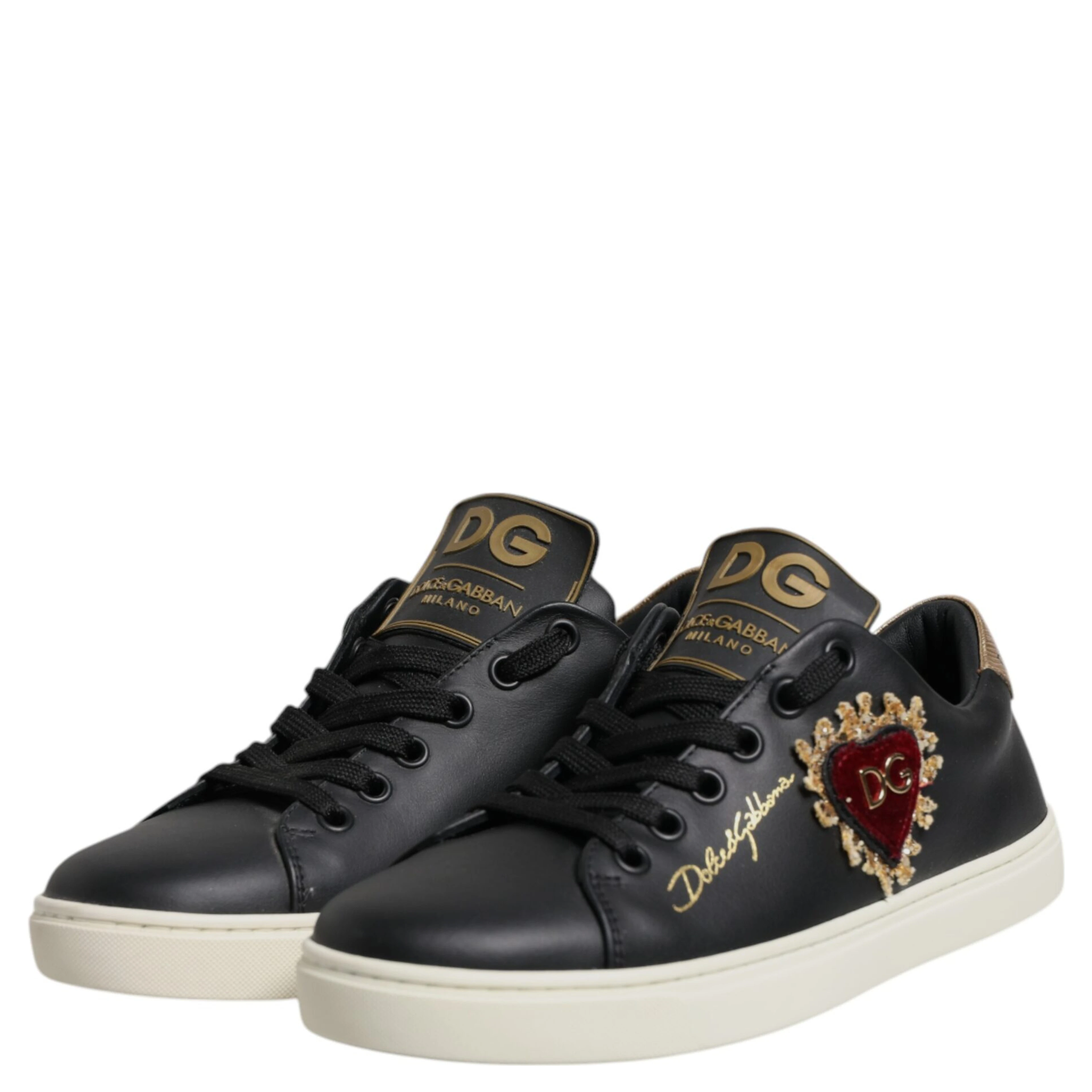 Black Leather Gold Red Heart Sneakers Shoes