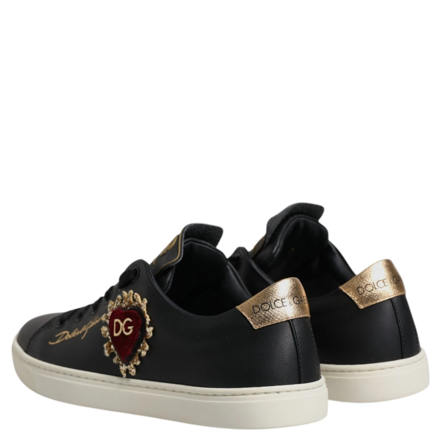 Black Leather Gold Red Heart Sneakers Shoes