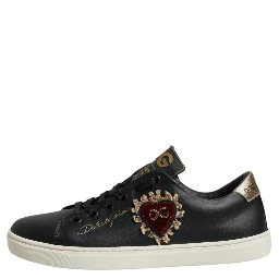 Black Leather Gold Red Heart Sneakers Shoes