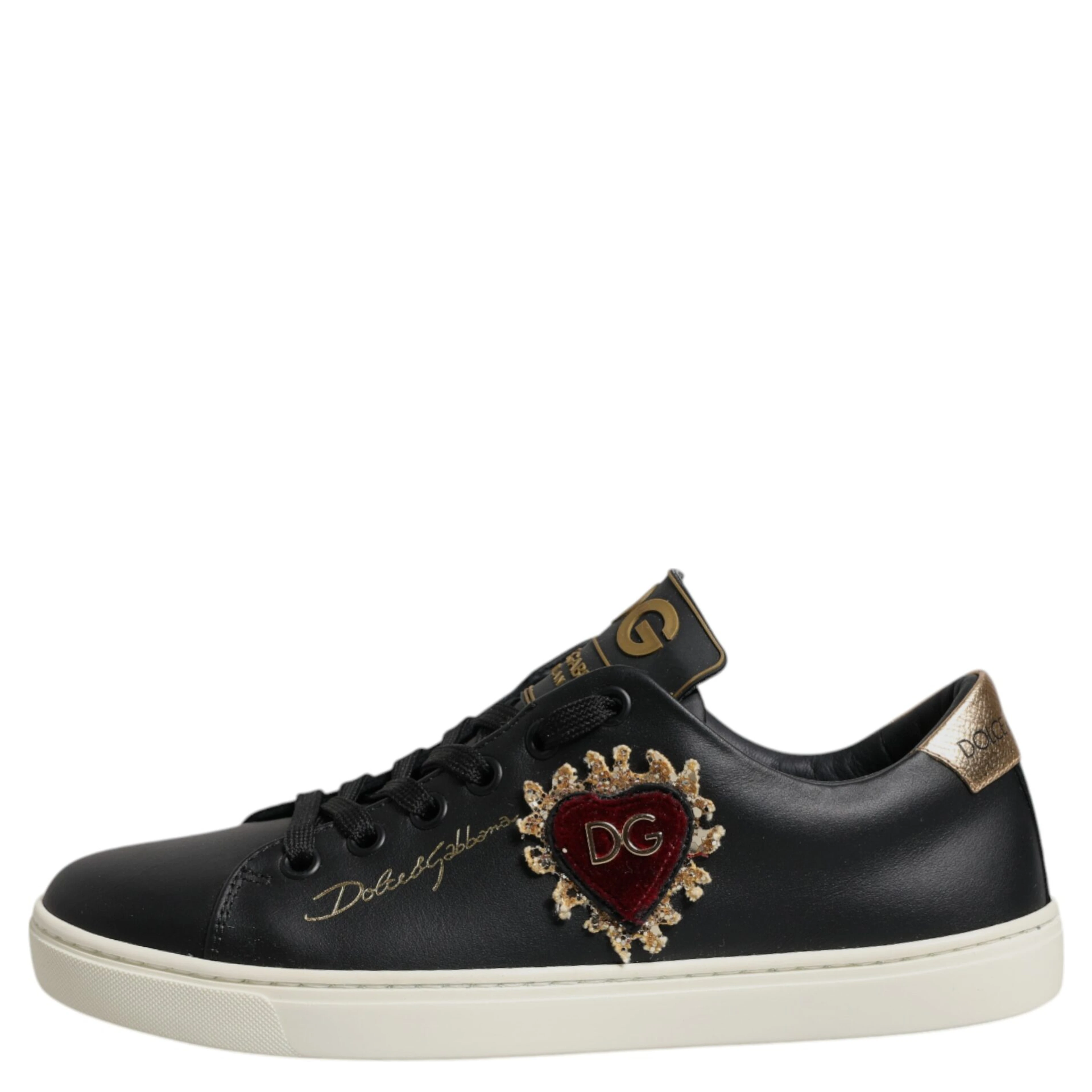 Black Leather Gold Red Heart Sneakers Shoes