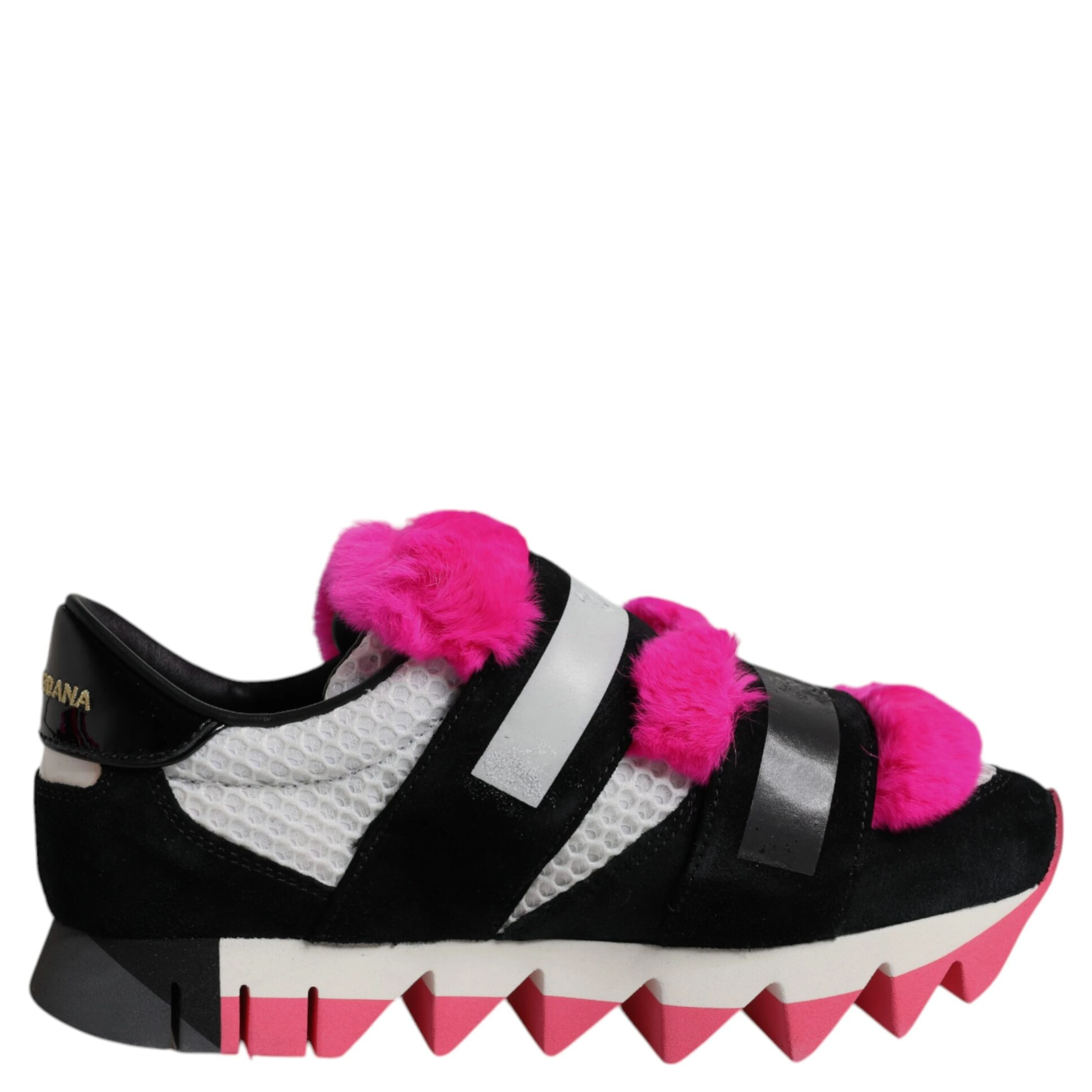 Black Pink Fur Embellished Sneakers Shoes