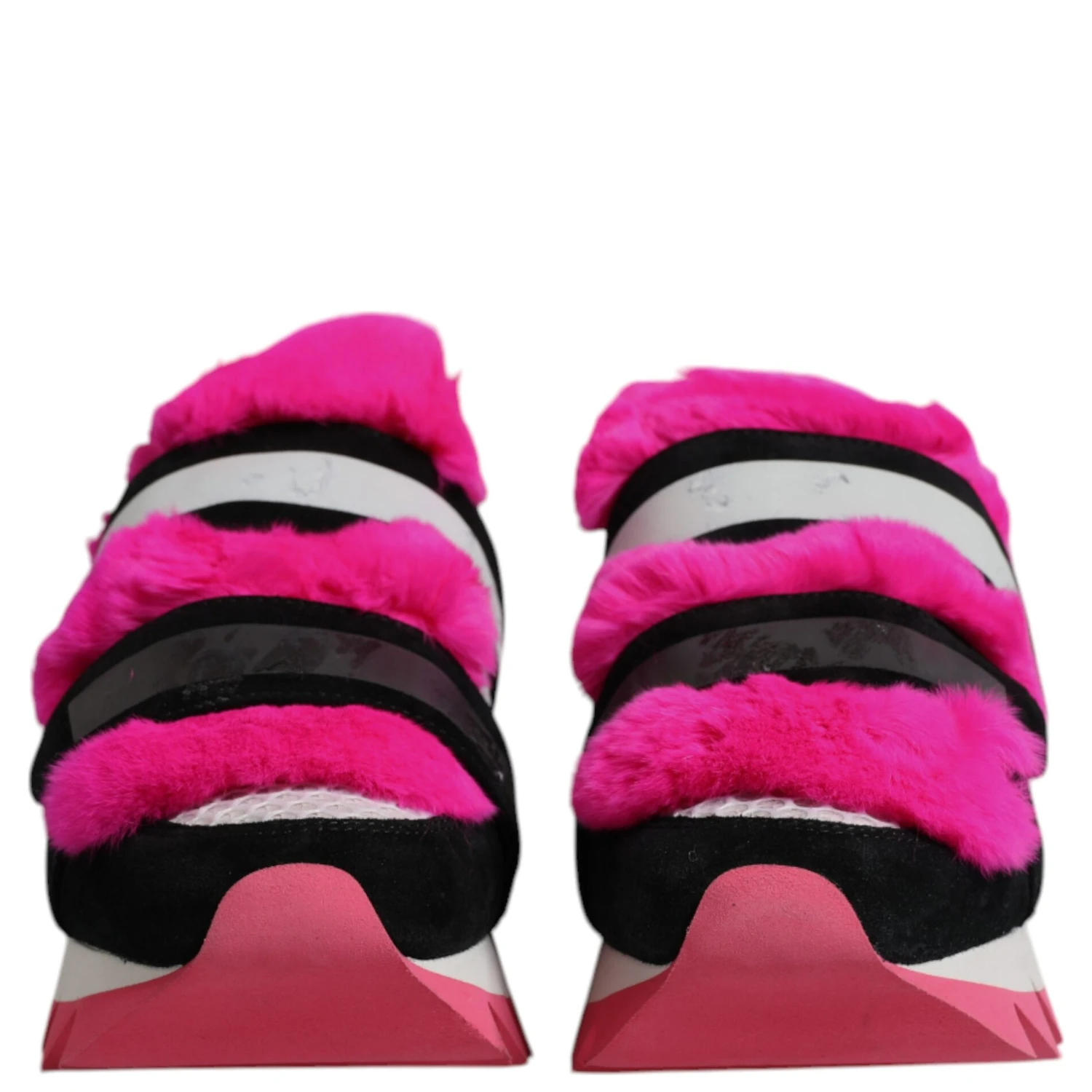 Black Pink Fur Embellished Sneakers Shoes