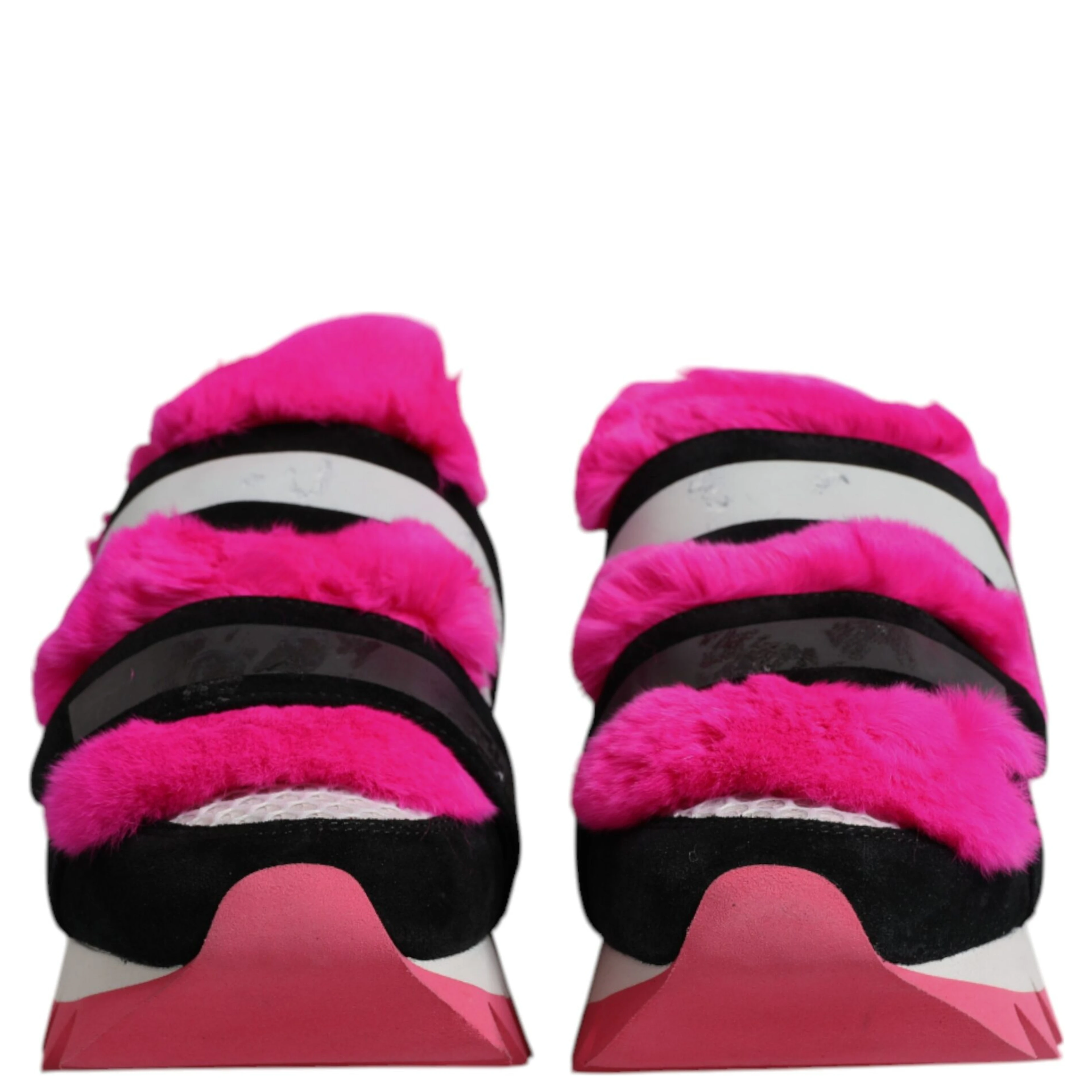 Black Pink Fur Embellished Sneakers Shoes
