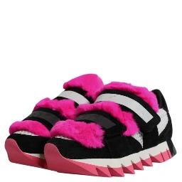 Black Pink Fur Embellished Sneakers Shoes