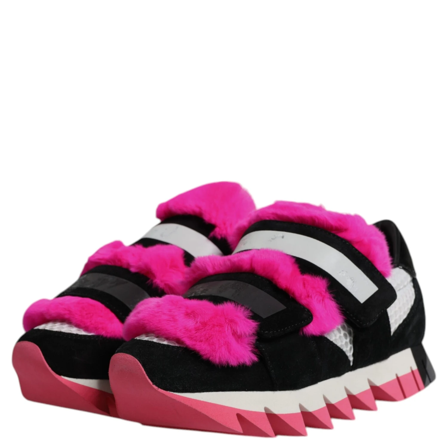 Black Pink Fur Embellished Sneakers Shoes