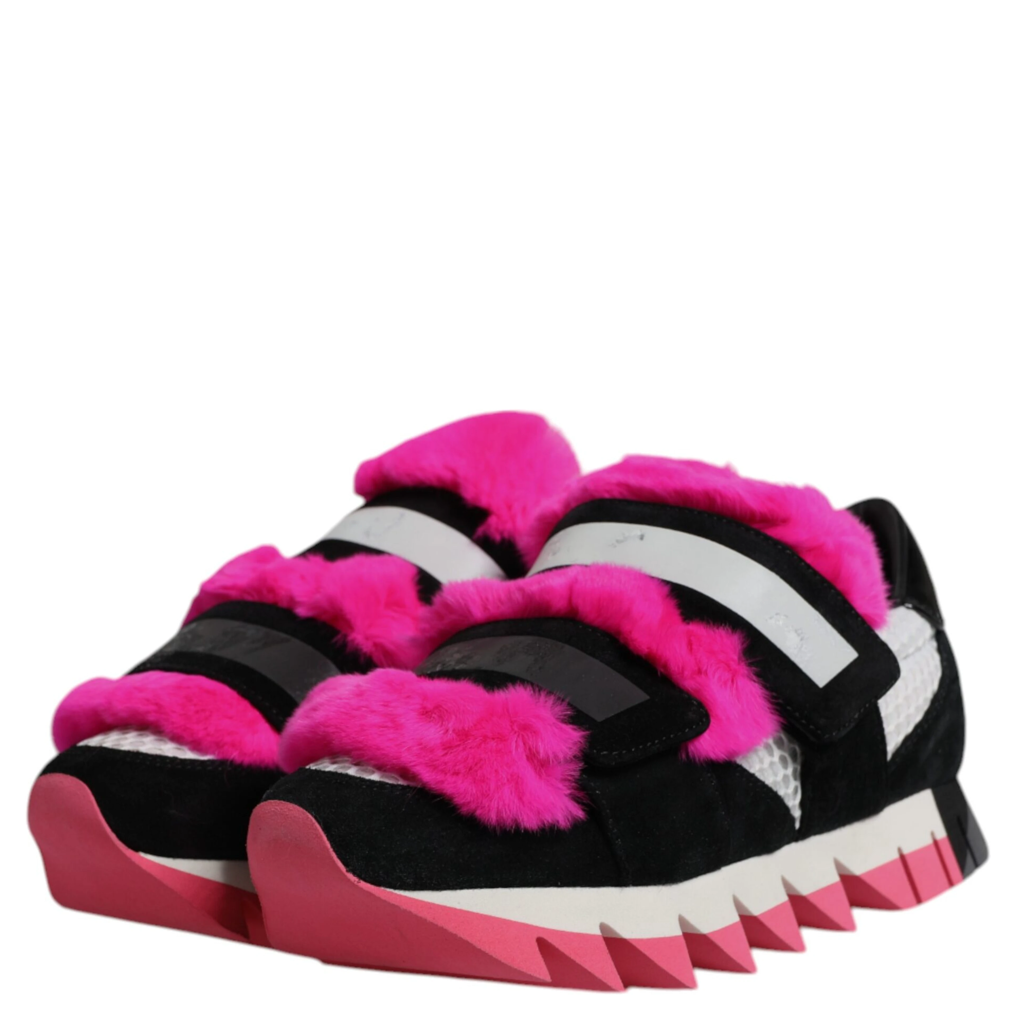 Black Pink Fur Embellished Sneakers Shoes