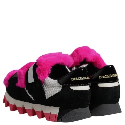 Black Pink Fur Embellished Sneakers Shoes