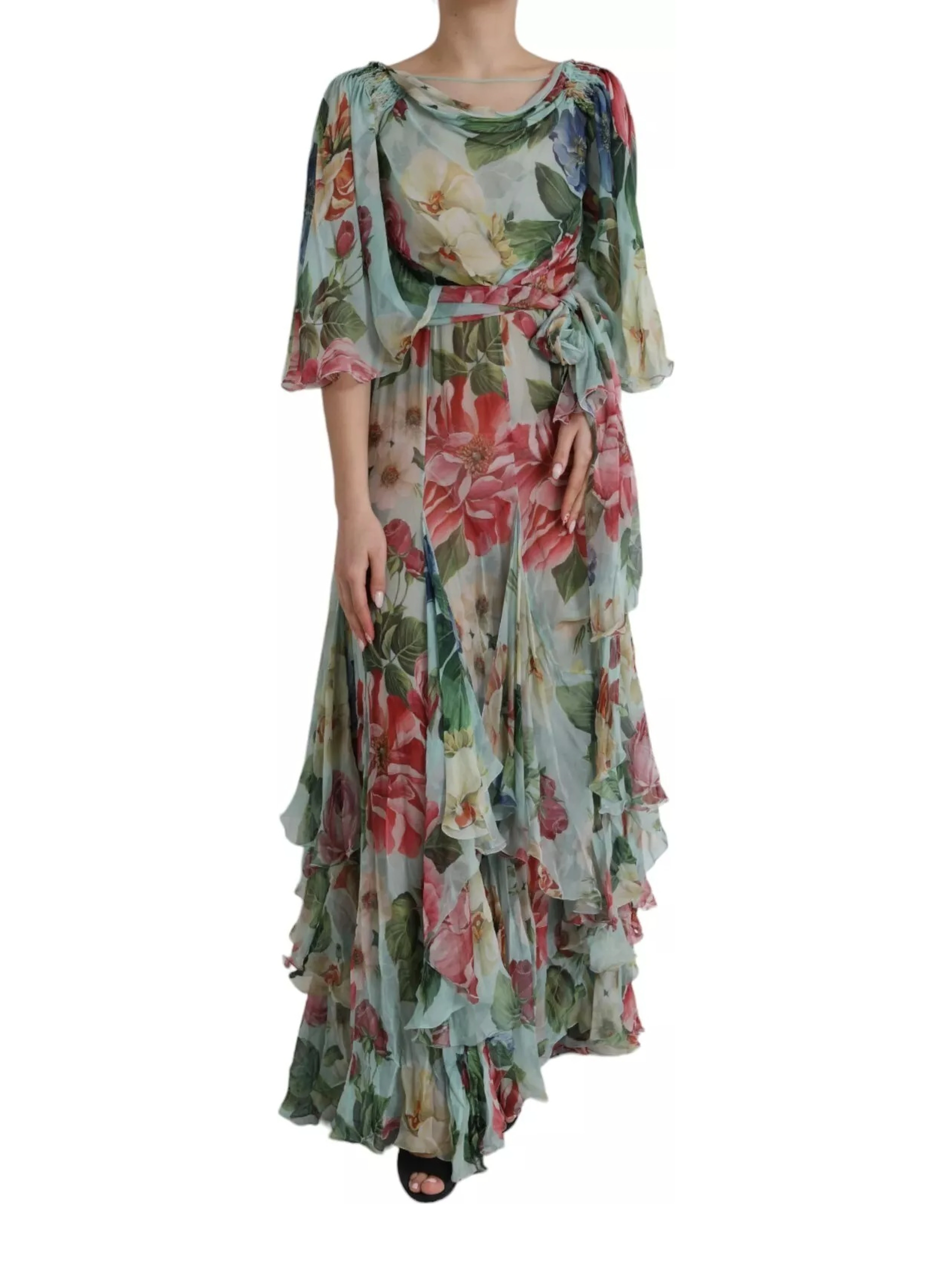 Blue Floral Print Tiered Long Maxi Dress