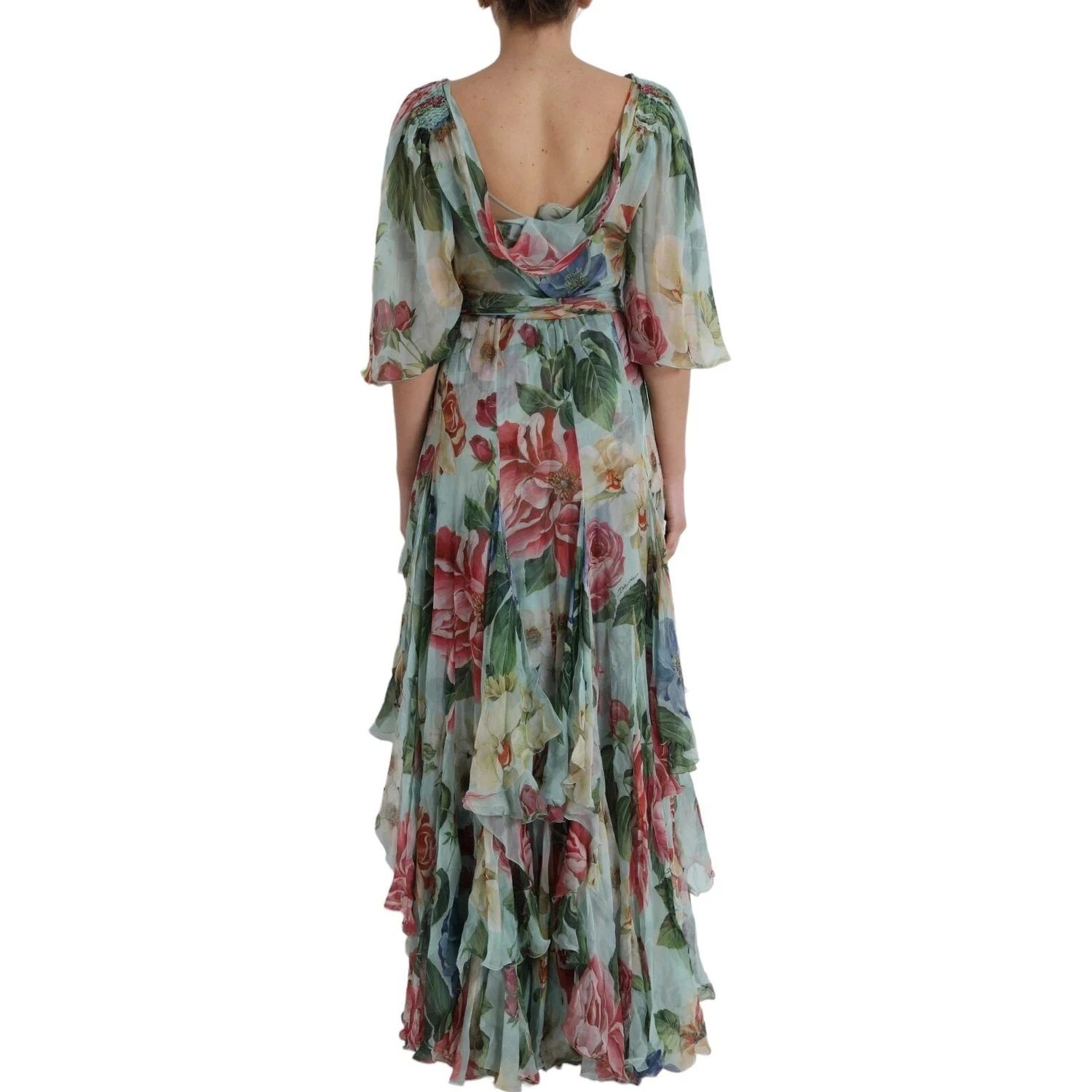 Blue Floral Print Tiered Long Maxi Dress
