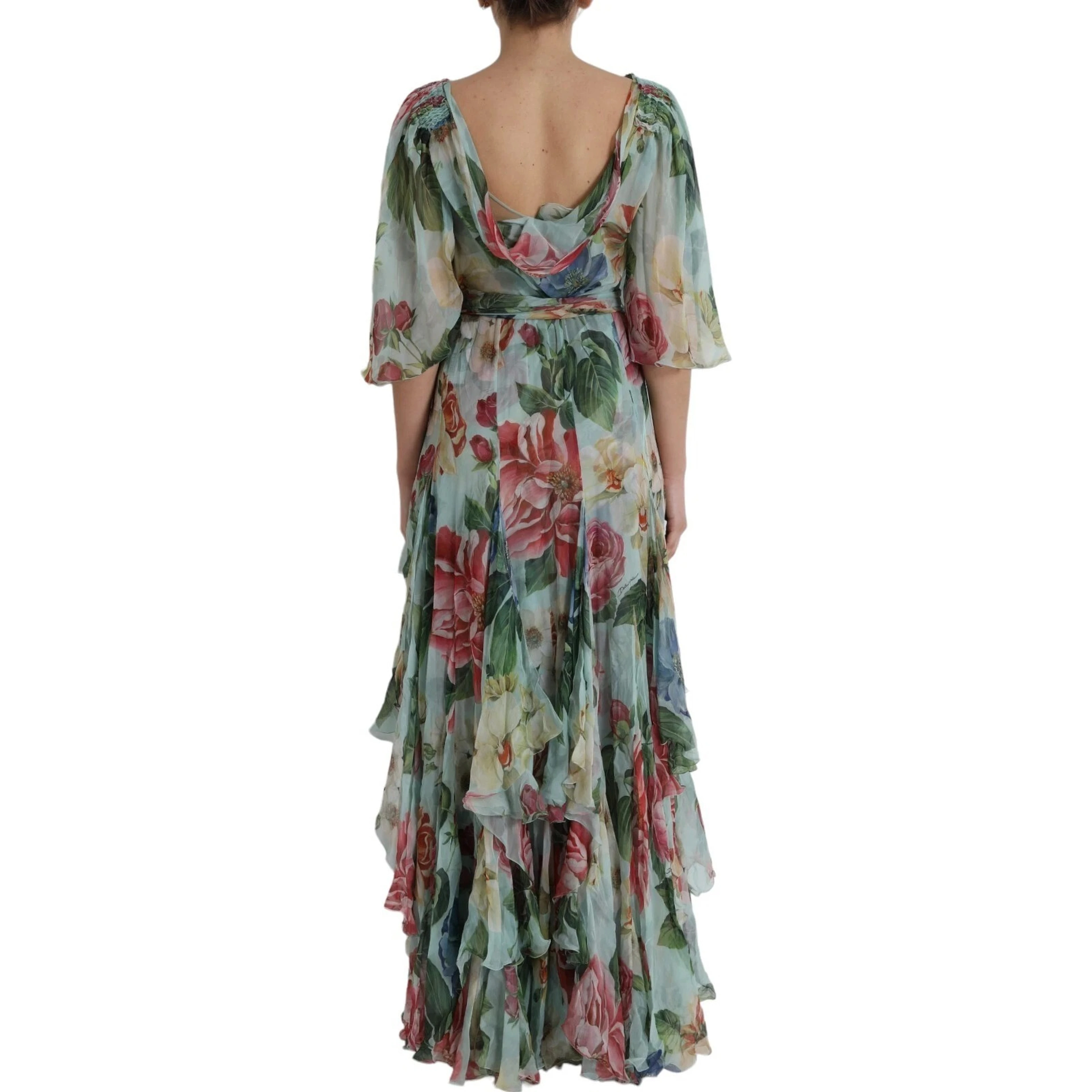 Blue Floral Print Tiered Long Maxi Dress