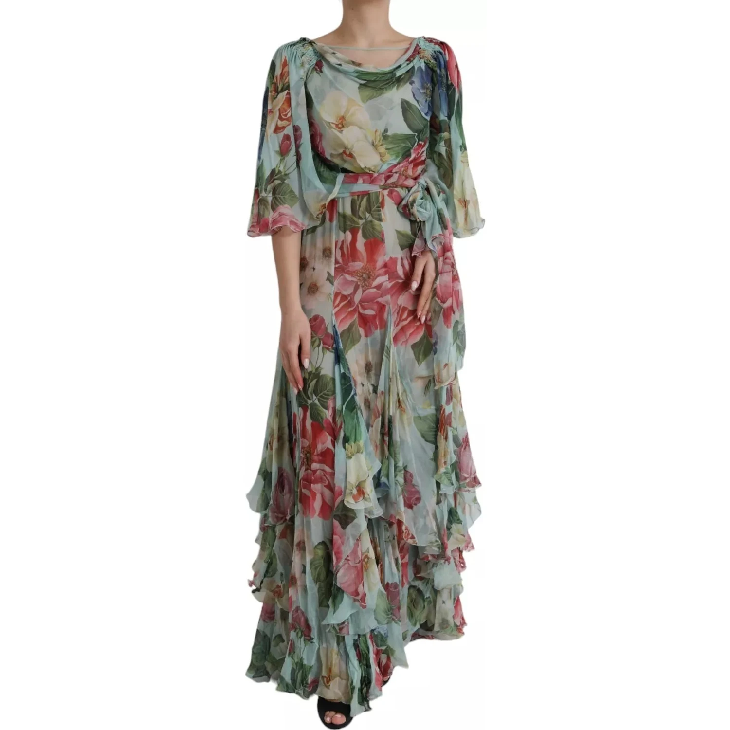 Blue Floral Print Tiered Long Maxi Dress