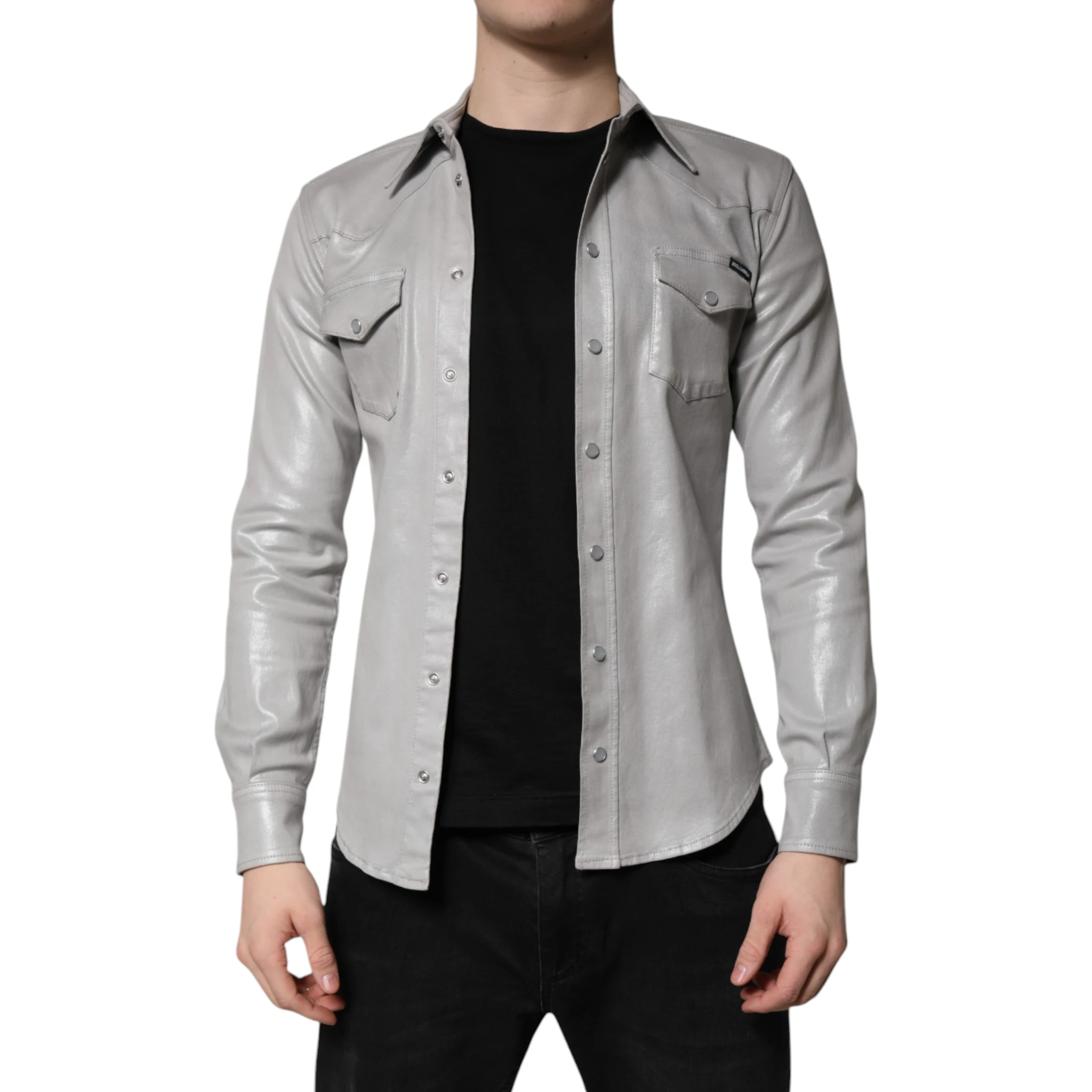Metallic Gray Cotton Button Down Shirt