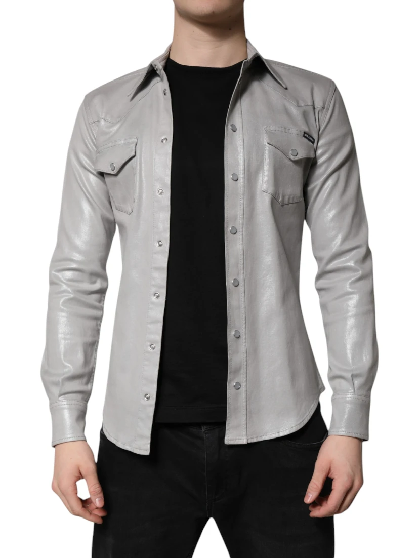 Metallic Gray Cotton Button Down Shirt